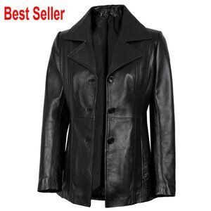 Real Lambskin Leather Blazer Jacket Women Long Sleeve Button Closure
